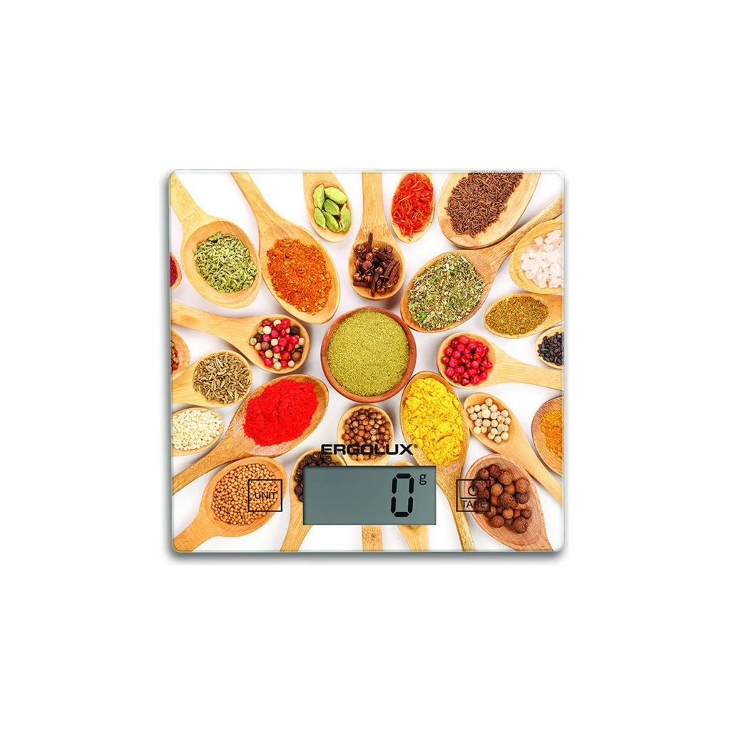 Весы кухонные Ergolux ELX-SK01-С11  электронные, стекло, 16.5х16.5 см, до 5 кг