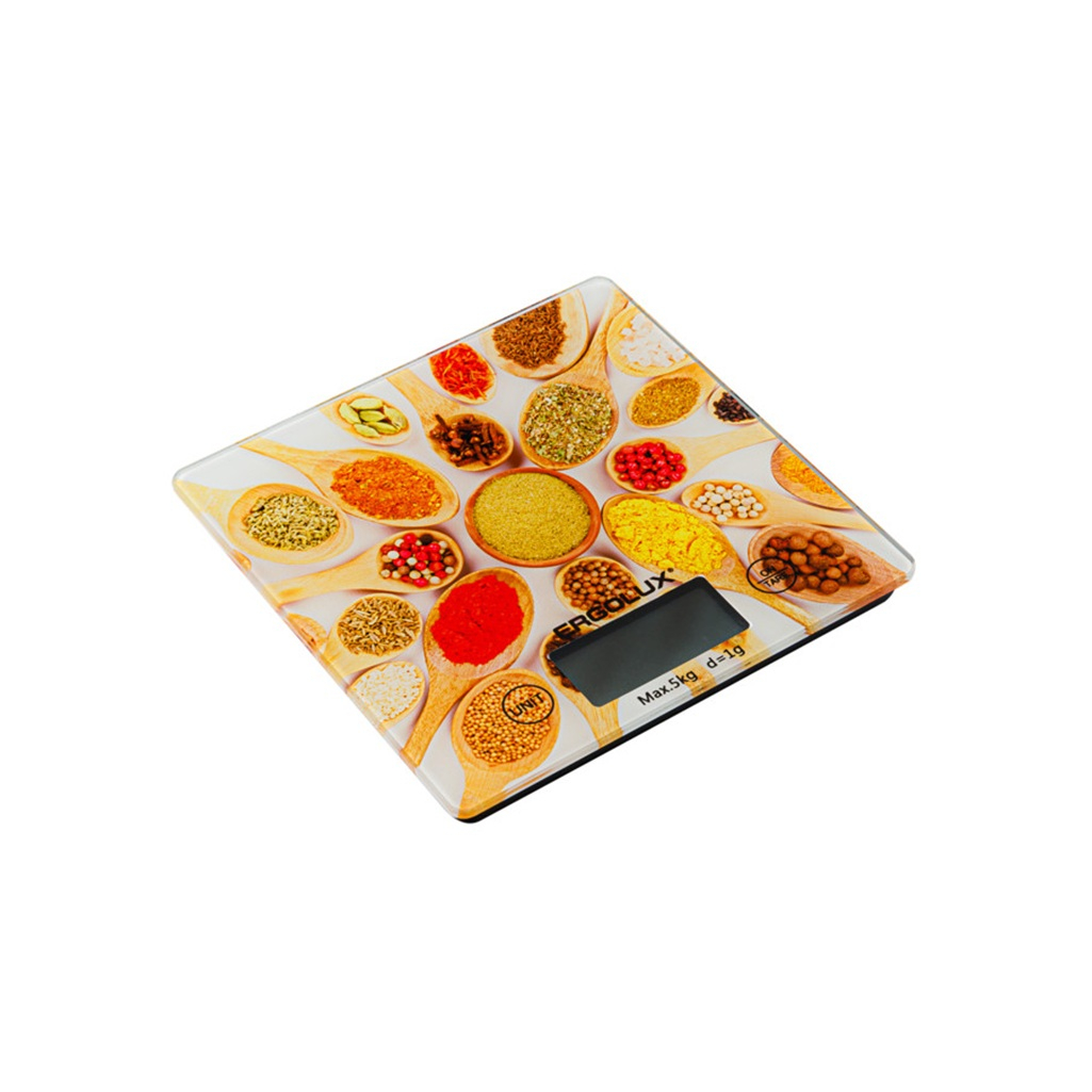 Весы кухонные Ergolux ELX-SK01-С11  электронные, стекло, 16.5х16.5 см, до 5 кг