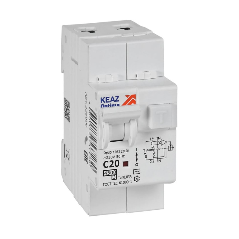 Выключатель автоматический дифференциального тока КЭАЗ OptiDin D63 2P C20 30mA 4,5кА