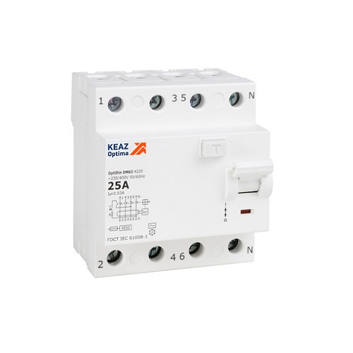 Выключатель дифференциального тока (УЗО) КЭАЗ OptiDin DM63-4225 УХЛ4  4п 25А 30мА тип AC 4.5кА 343891