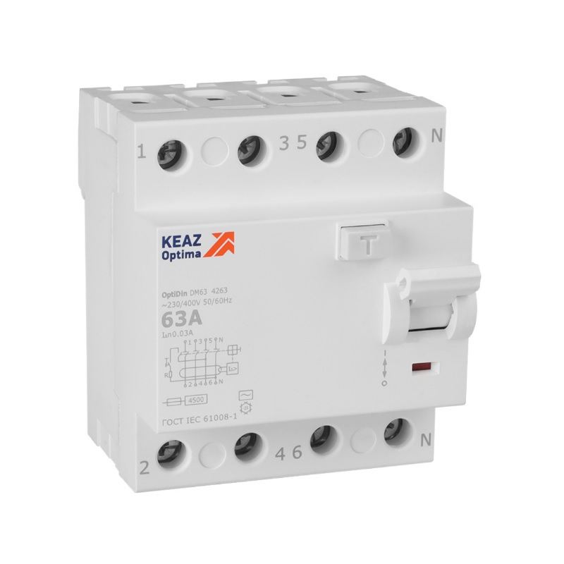 Выключатель дифференциального тока (УЗО) КЭАЗ OptiDin DM63-4263 УХЛ4  4п 63А 30мА тип AC 4.5кА 343893