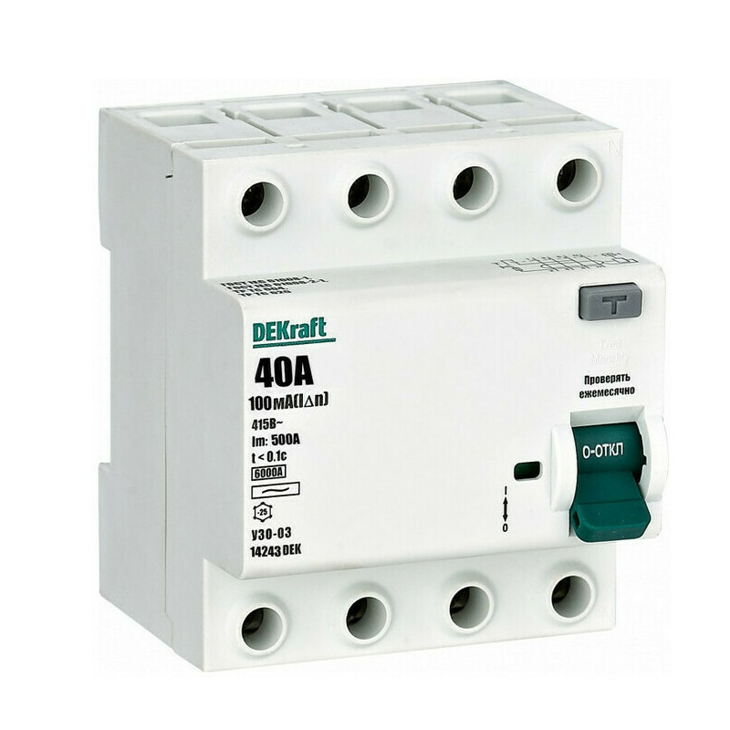 Выключатель дифференциального тока DeKraft УЗО-03 4P 40А 100мА тип AC 6кА 14243DEK