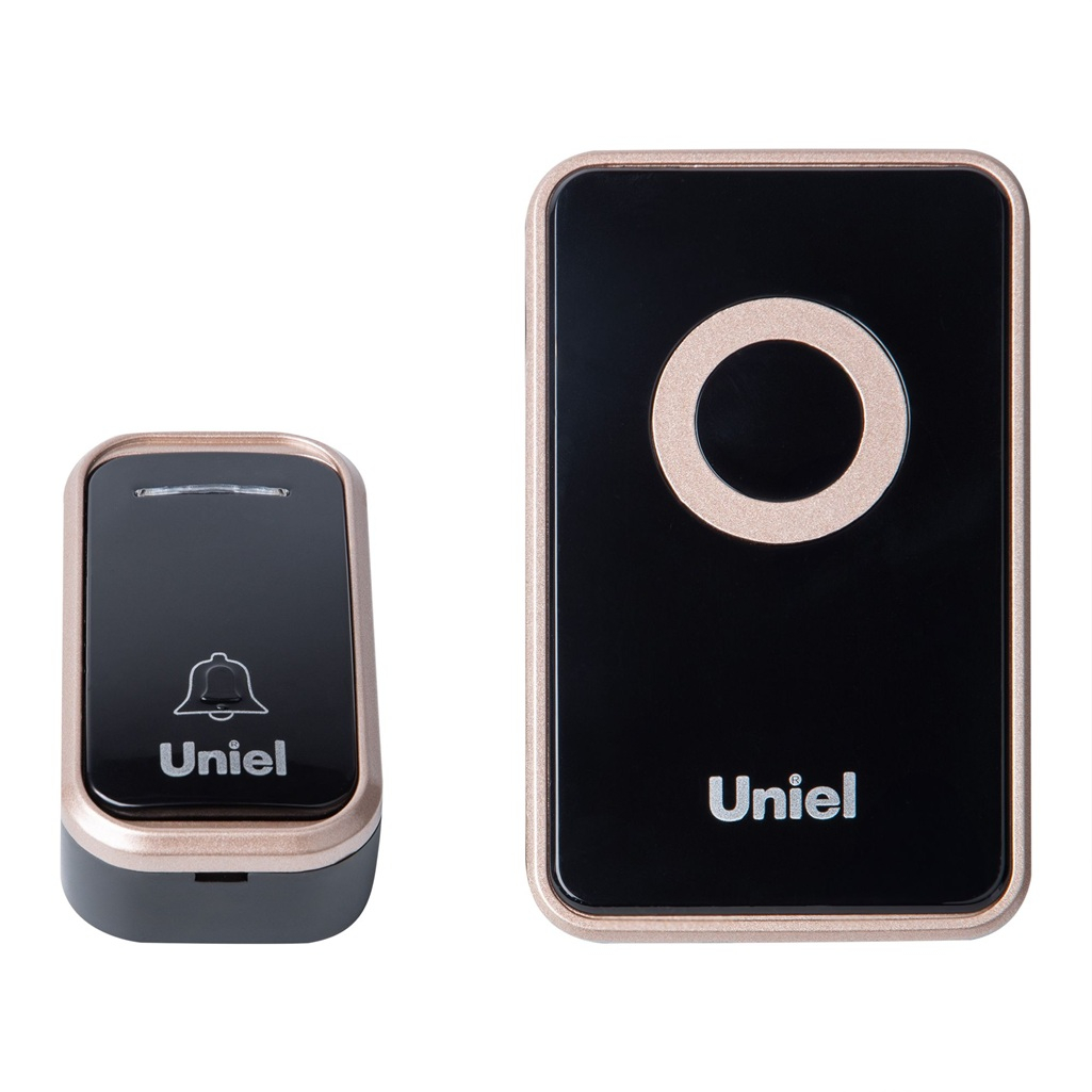 Звонок беспроводной Uniel UDB-094W-R1T1-38S-BL-GL в розетку, 38 мелодий, черный с золотым