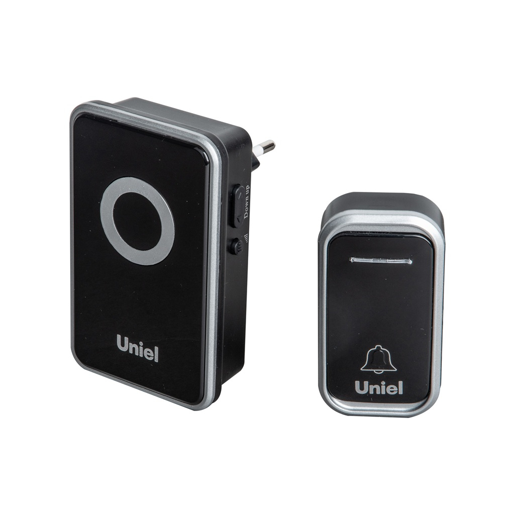 Звонок беспроводной Uniel UDB-094W-R1T1-38S-BL-SL в розетку, 38 мелодий, черный с серебристым