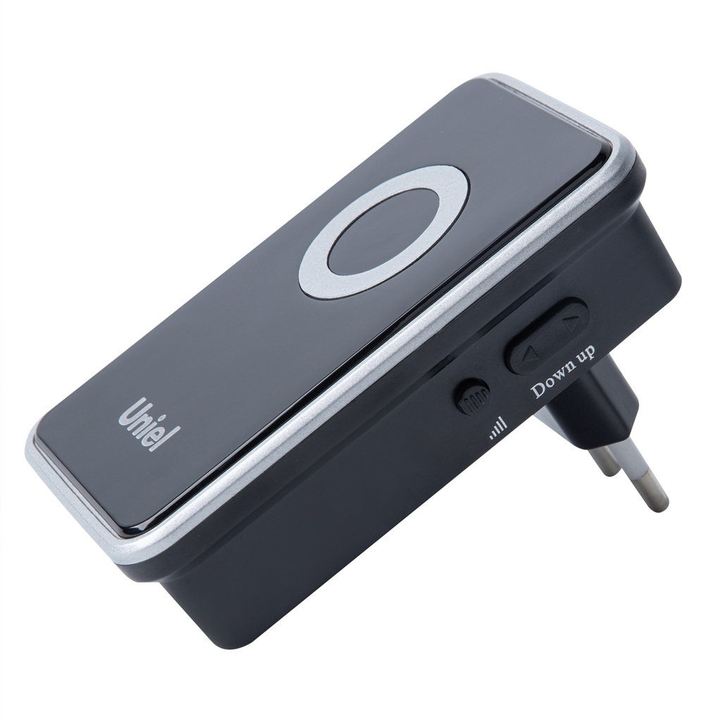 Звонок беспроводной Uniel UDB-094W-R1T1-38S-BL-SL в розетку, 38 мелодий, черный с серебристым