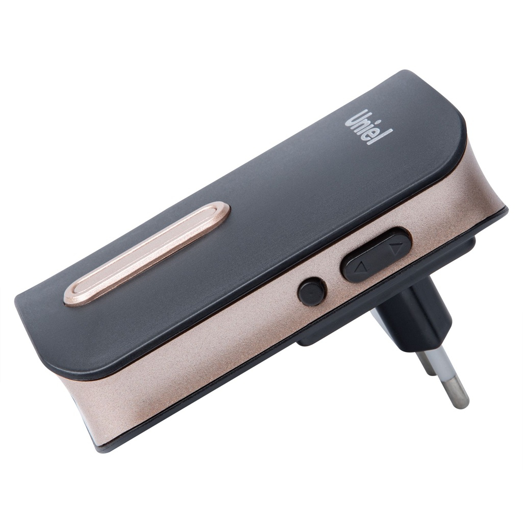 Звонок беспроводной Uniel UDB-095W-R1T1-38S-BL-GL в розетку, 38 мелодий, черный с золотым