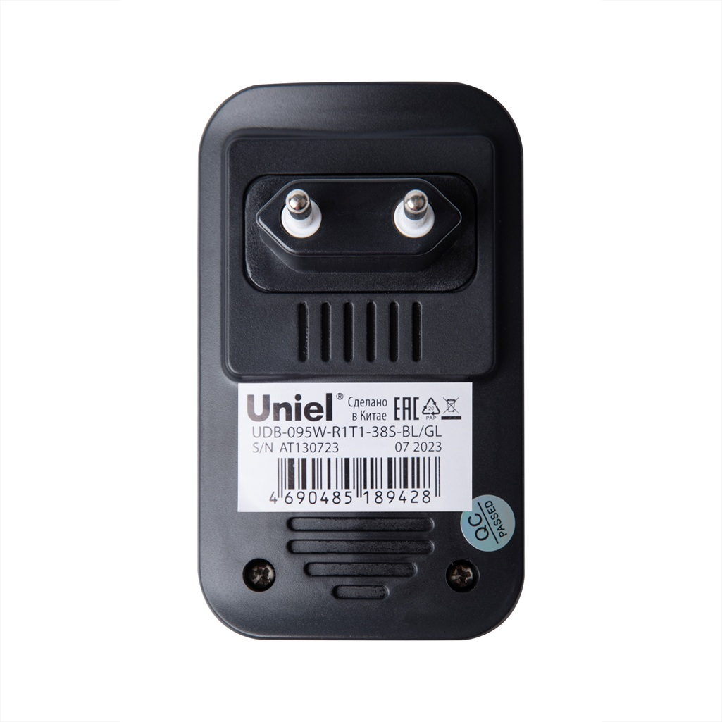 Звонок беспроводной Uniel UDB-095W-R1T1-38S-BL-GL в розетку, 38 мелодий, черный с золотым