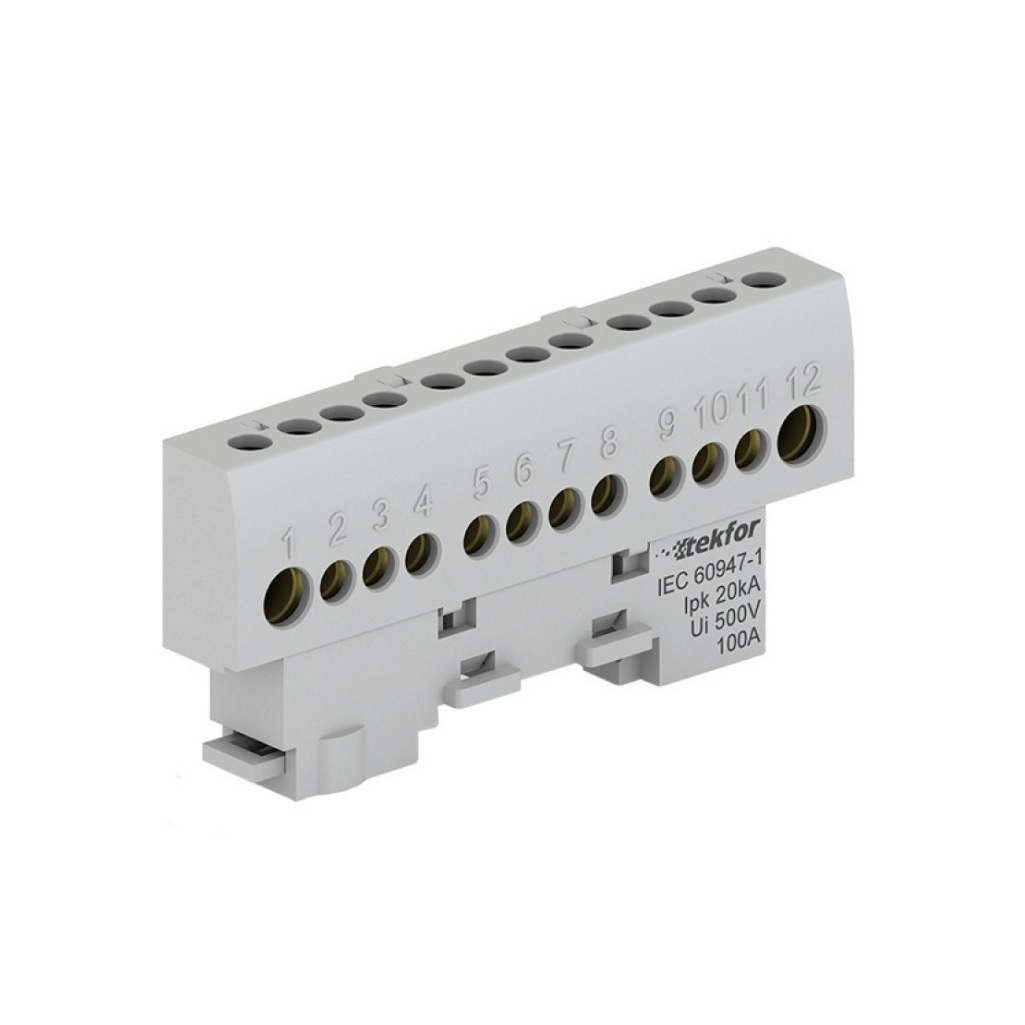 Шина фазная изолированная Tekfor KSN-6-6х9-12 на DIN-рейку, 12 модулей, 100 А, серая
