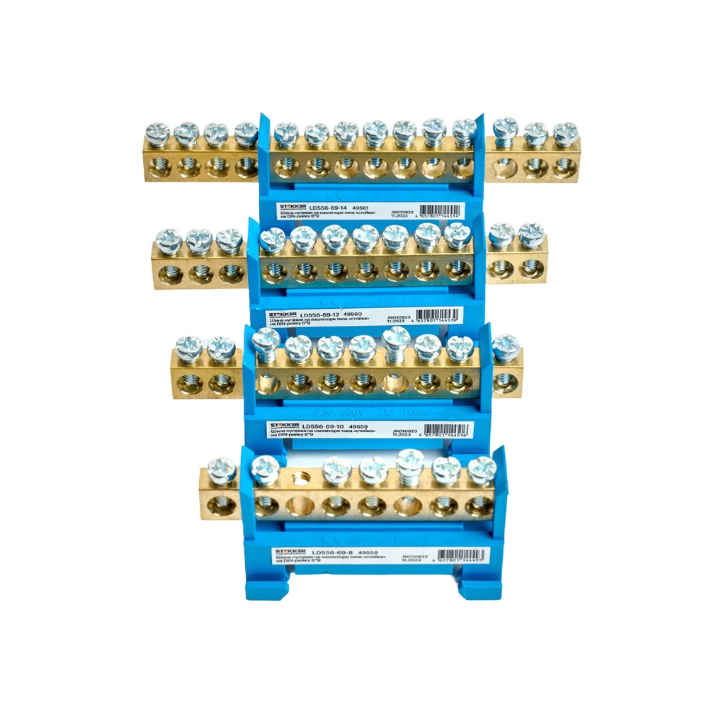 Шина нулевая Stekker N на изоляторе типа стойка на DIN-рейку 6х9, LD556-69-86, 8 выводов, синяя