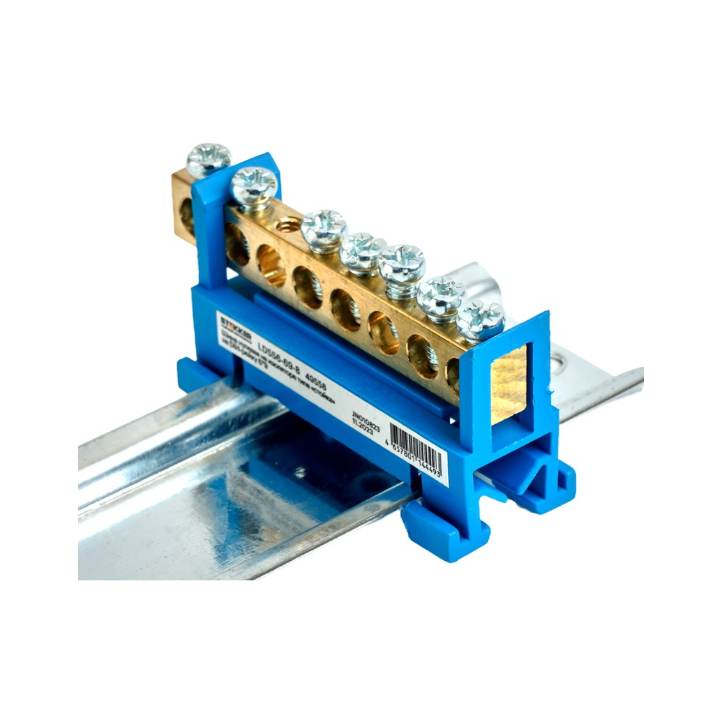 Шина нулевая Stekker N на изоляторе типа стойка на DIN-рейку 6х9, LD556-69-86, 8 выводов, синяя