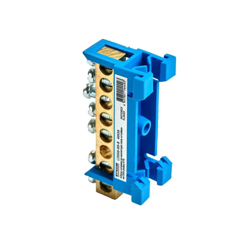 Шина нулевая Stekker N на изоляторе типа стойка на DIN-рейку 6х9, LD556-69-86, 8 выводов, синяя