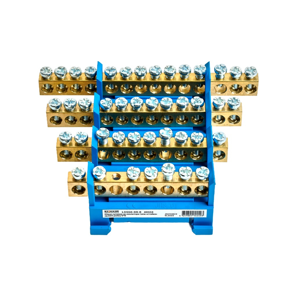 Шина нулевая Stekker N на изоляторе типа стойка на DIN-рейку 6х9, LD556-69-86, 8 выводов, синяя