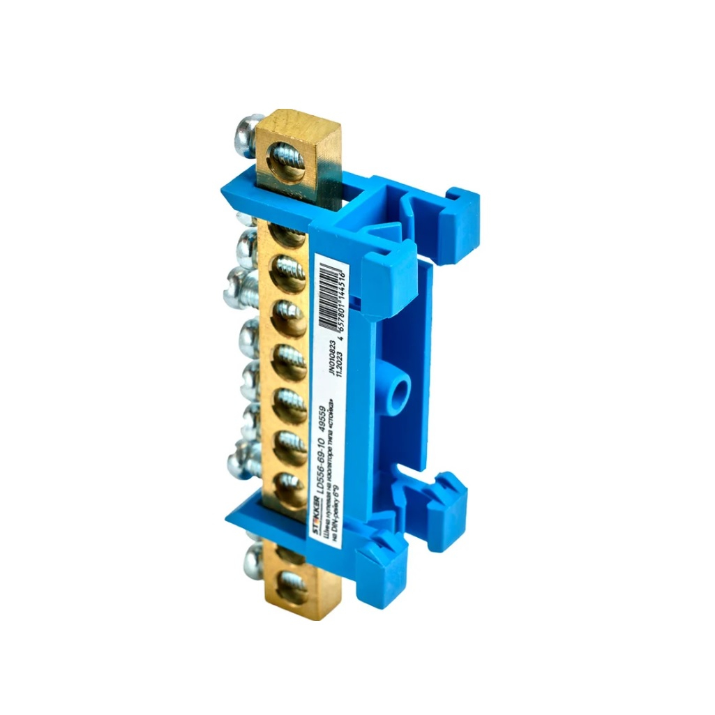 Шина нулевая Stekker N на изоляторе типа стойка на DIN-рейку 6х9, LD556-69-10, 10 выводов, синяя