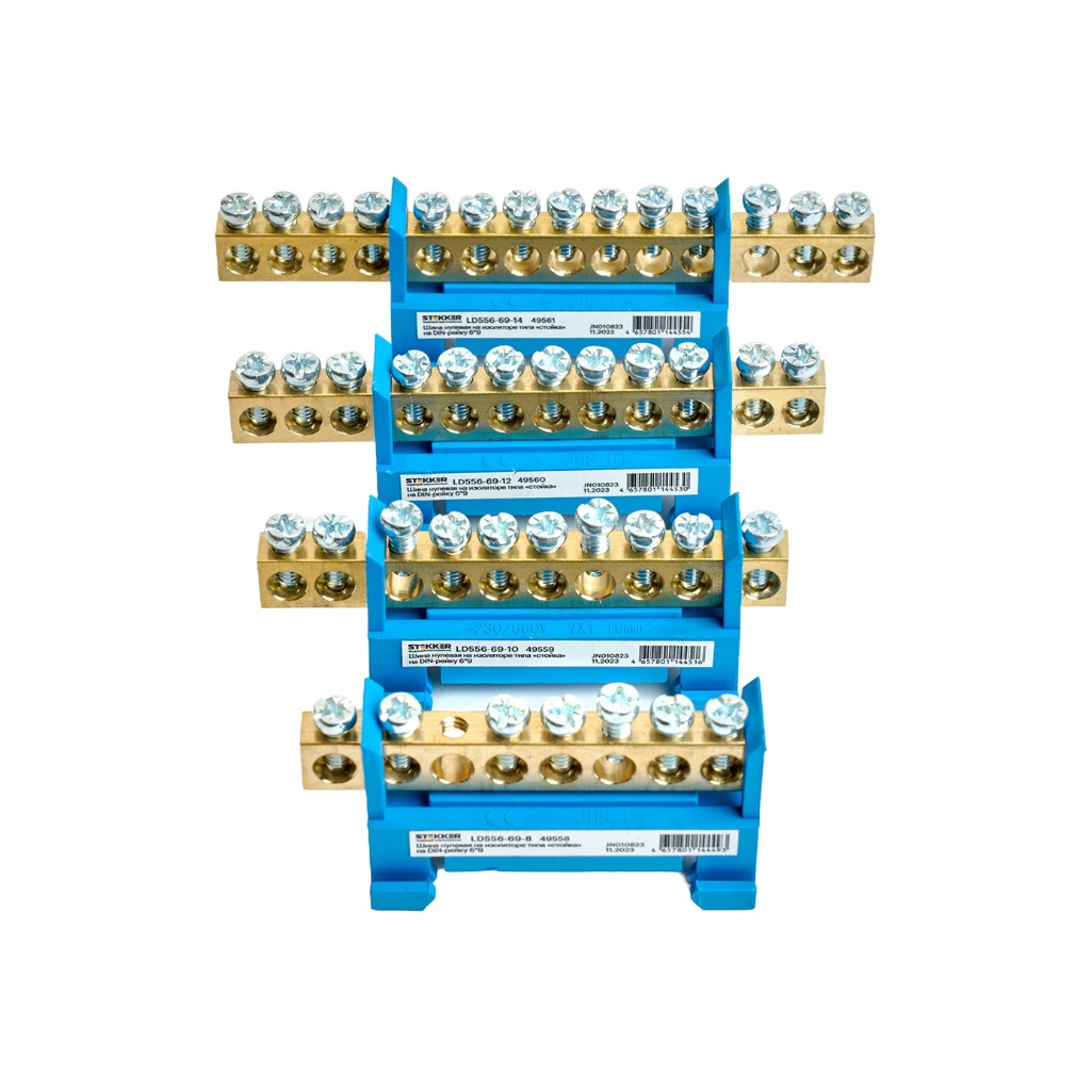 Шина нулевая Stekker N на изоляторе типа стойка на DIN-рейку 6х9, LD556-69-12, 12 выводов, синяя