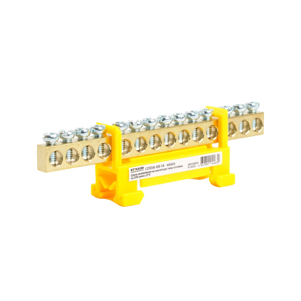 Шина заземления Stekker РЕ на изоляторе типа стойка на DIN-рейку, LD556-69-14, 14 выводов, желтая