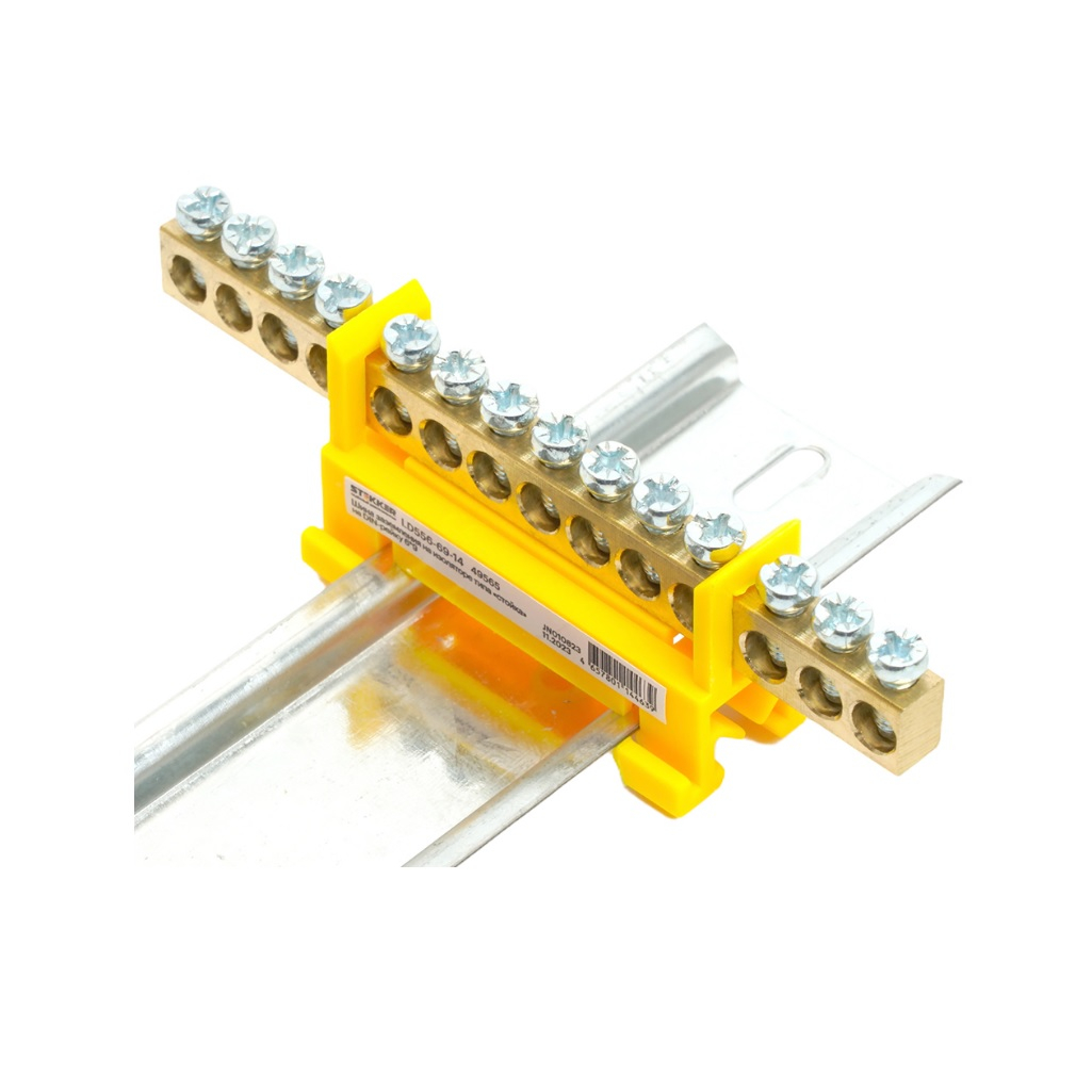 Шина заземления Stekker РЕ на изоляторе типа стойка на DIN-рейку, LD556-69-14, 14 выводов, желтая