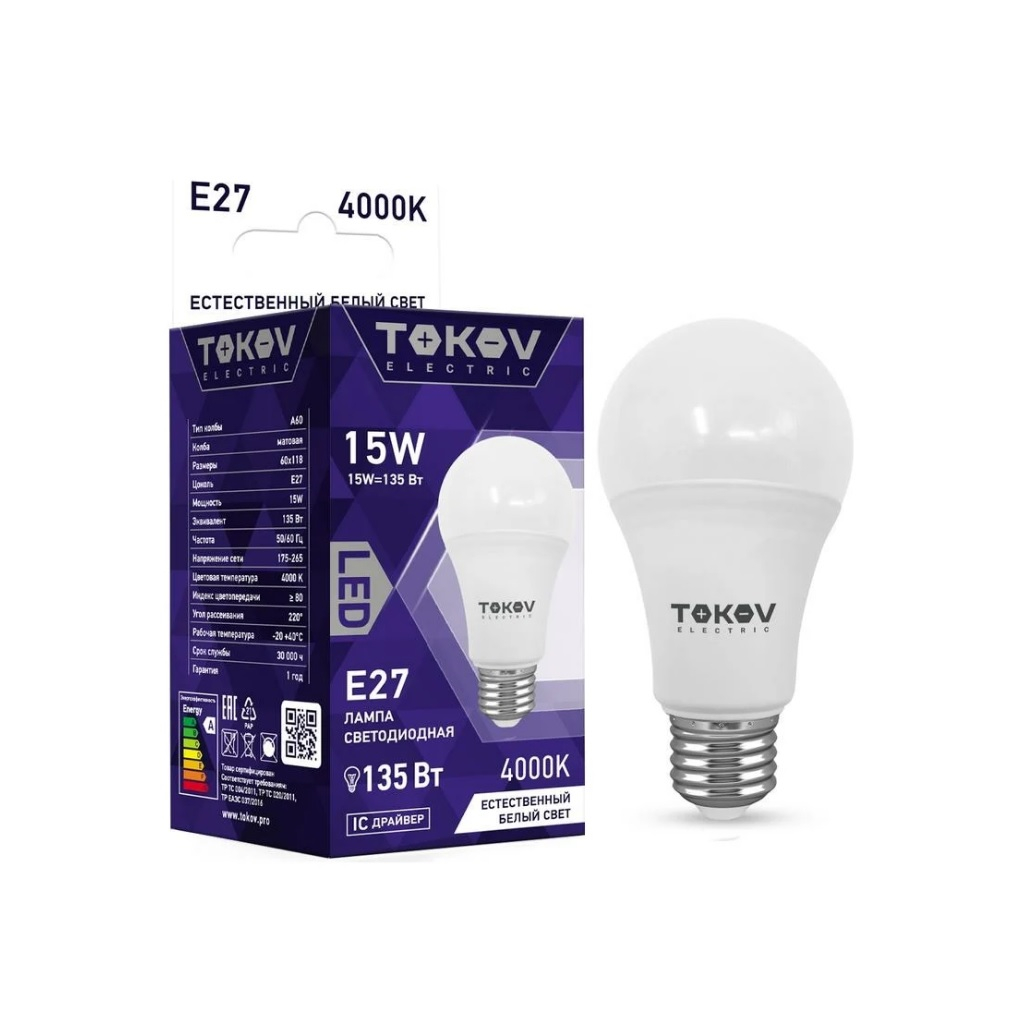 Лампа светодиодная Tokov Electric TKE-A60-E27-15-4K 15Вт А60 4000К Е27
