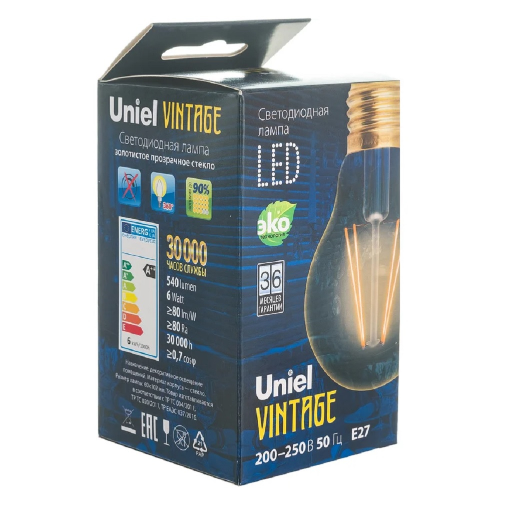 Лампа светодиодная Vintage Uniel LED-A60-6W/GOLDEN/E27 GLV21GO, золотистая