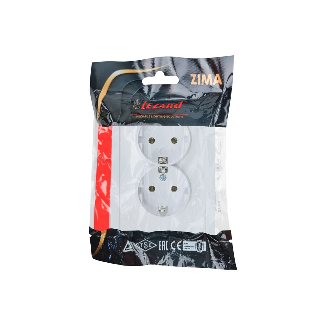 Розетка 2-местная Lezard Zima 704-0200-127BQ с заземлением, встраиваемая, белая