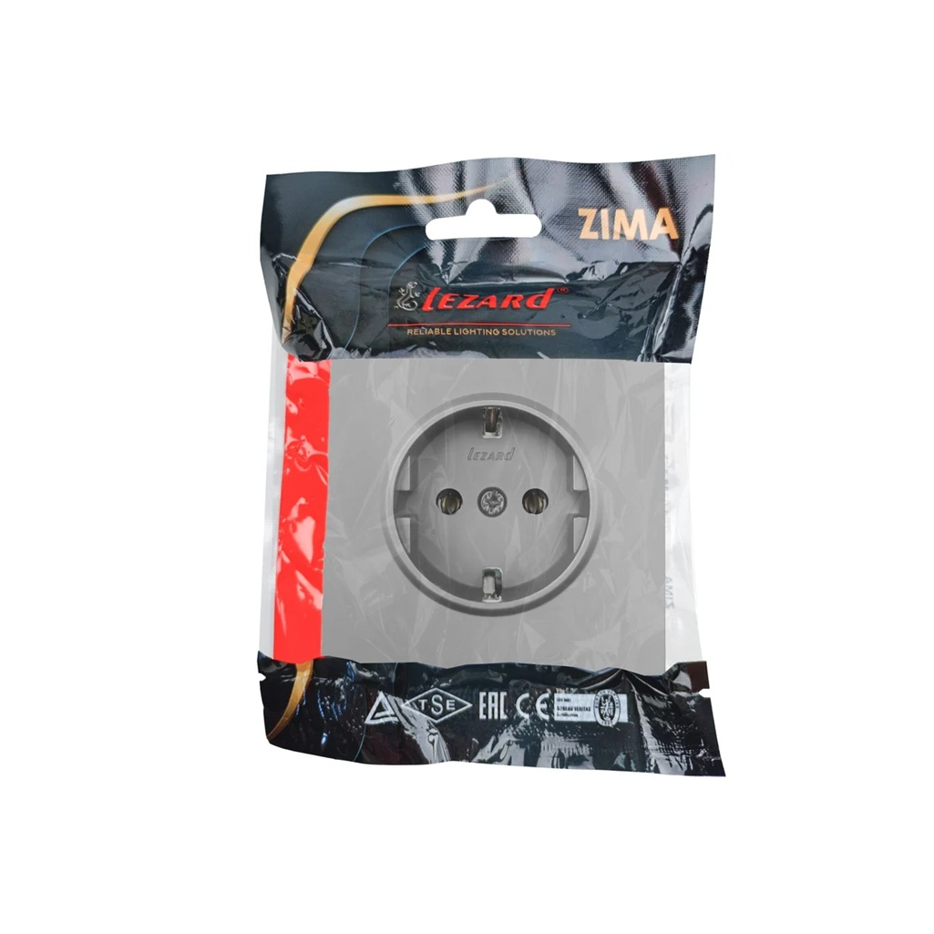Розетка 1-местная Lezard Zima 704-7488-122BQC с заземлением, встраиваемая, серый матовый