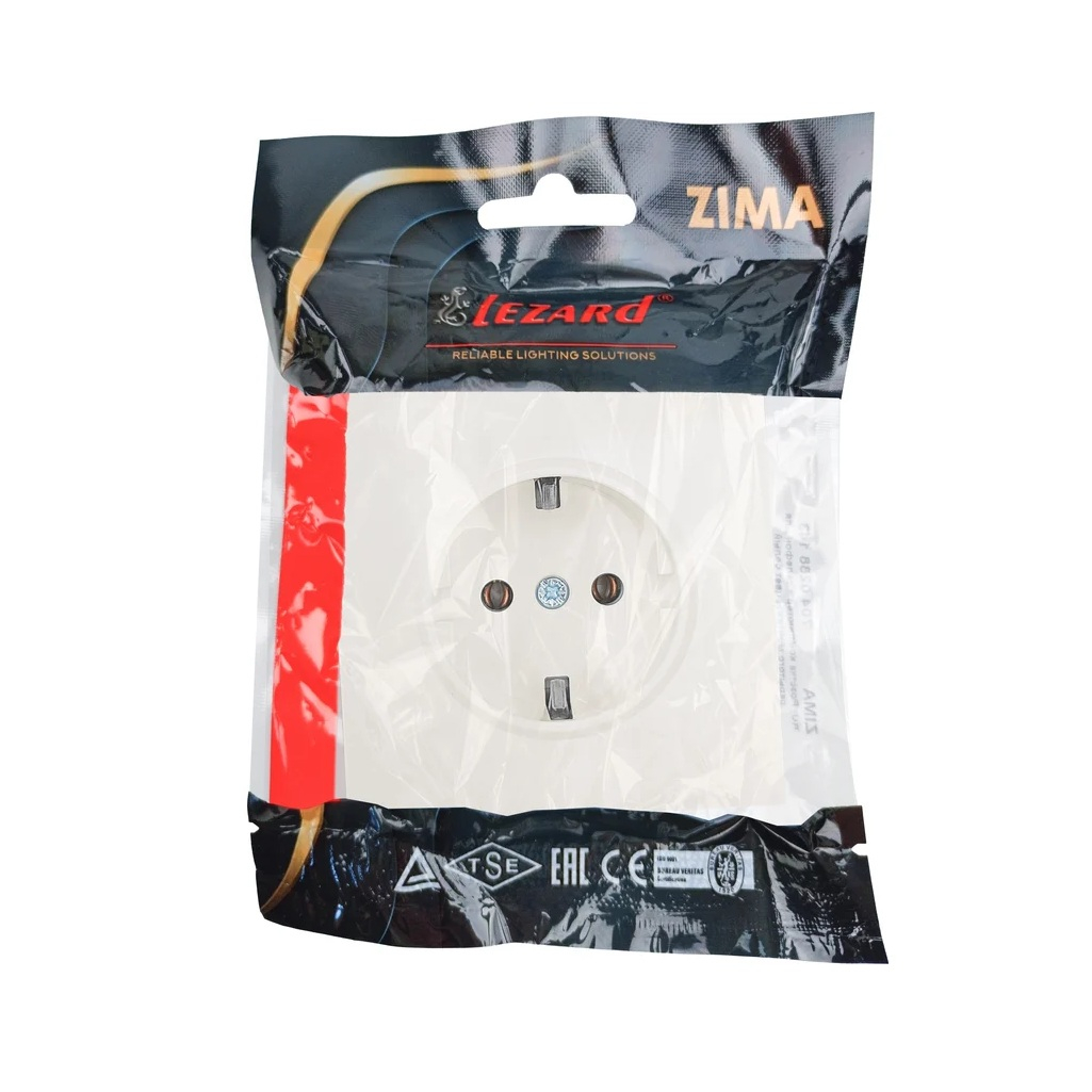 Розетка 1-местная Lezard Zima 704-9088-122BQC с заземлением, безвинтовой зажим, слоновая кость