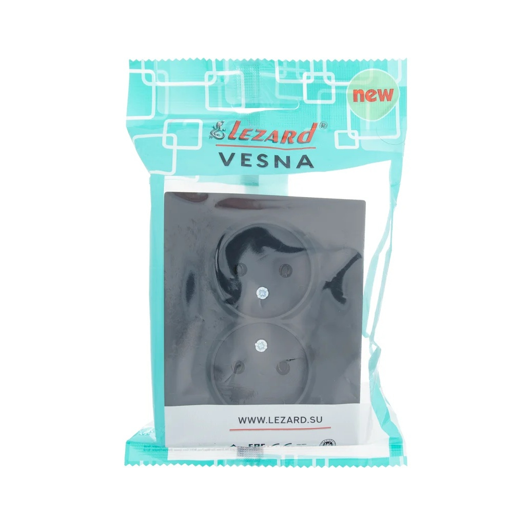 Розетка 2-местная Lezard Vesna 742-4200-127B с заземлением, встраиваемая, черный бархат