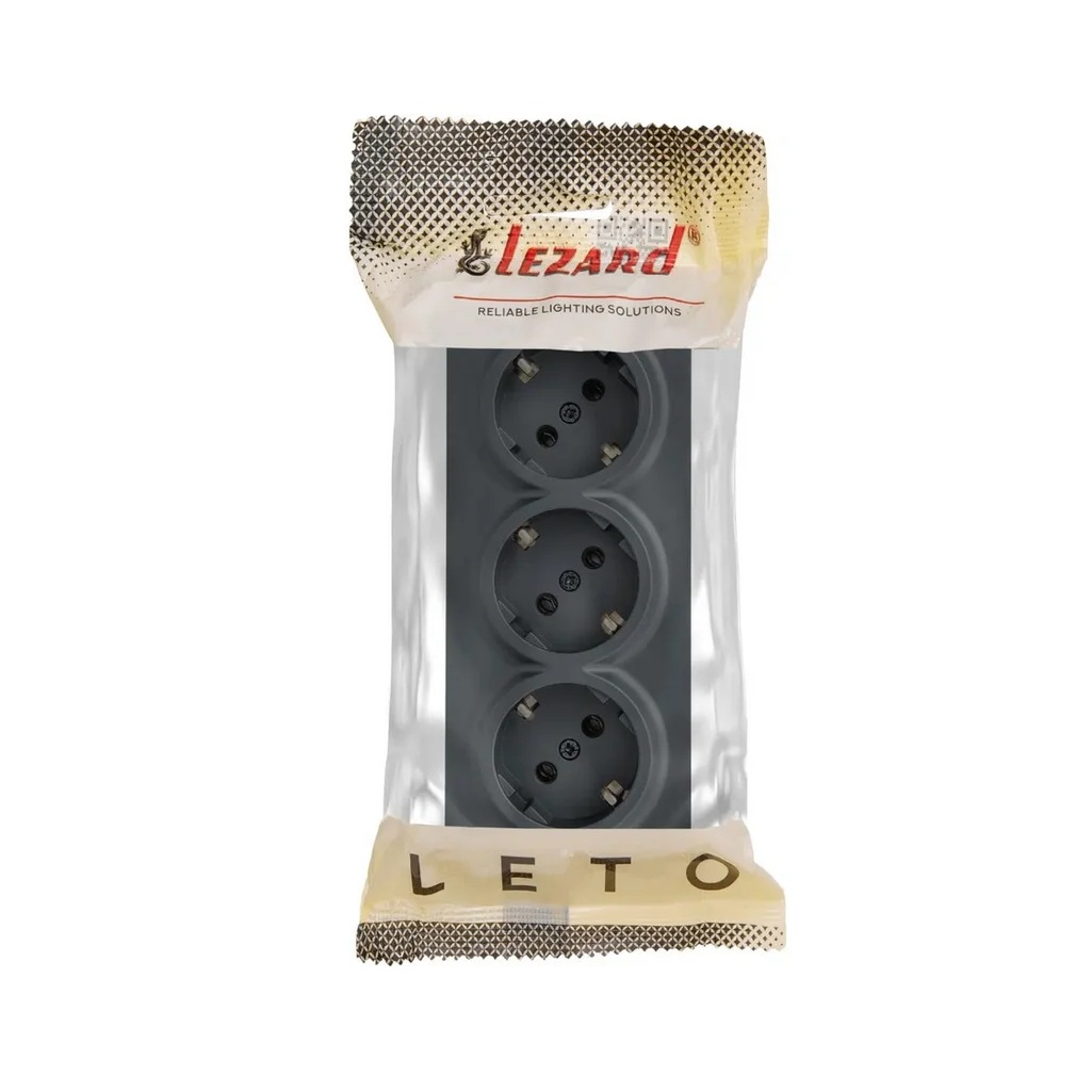 Розетка 3-местная Lezard Leto 752-3400-127BUP с заземлением, накладная, графит