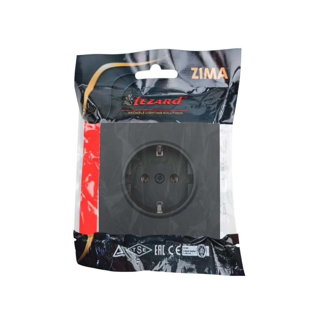 Розетка 1-местная Lezard Zima 704-4288-122BQC с заземлением, встраиваемая, черный бархат