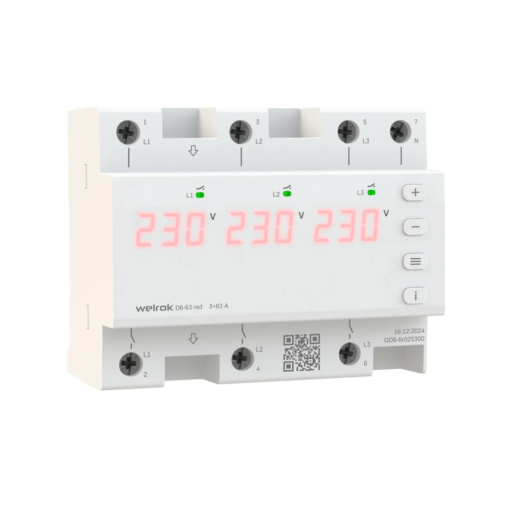 Реле напряжения Welrok D6-63 red, трехфазное, с красной индикацией