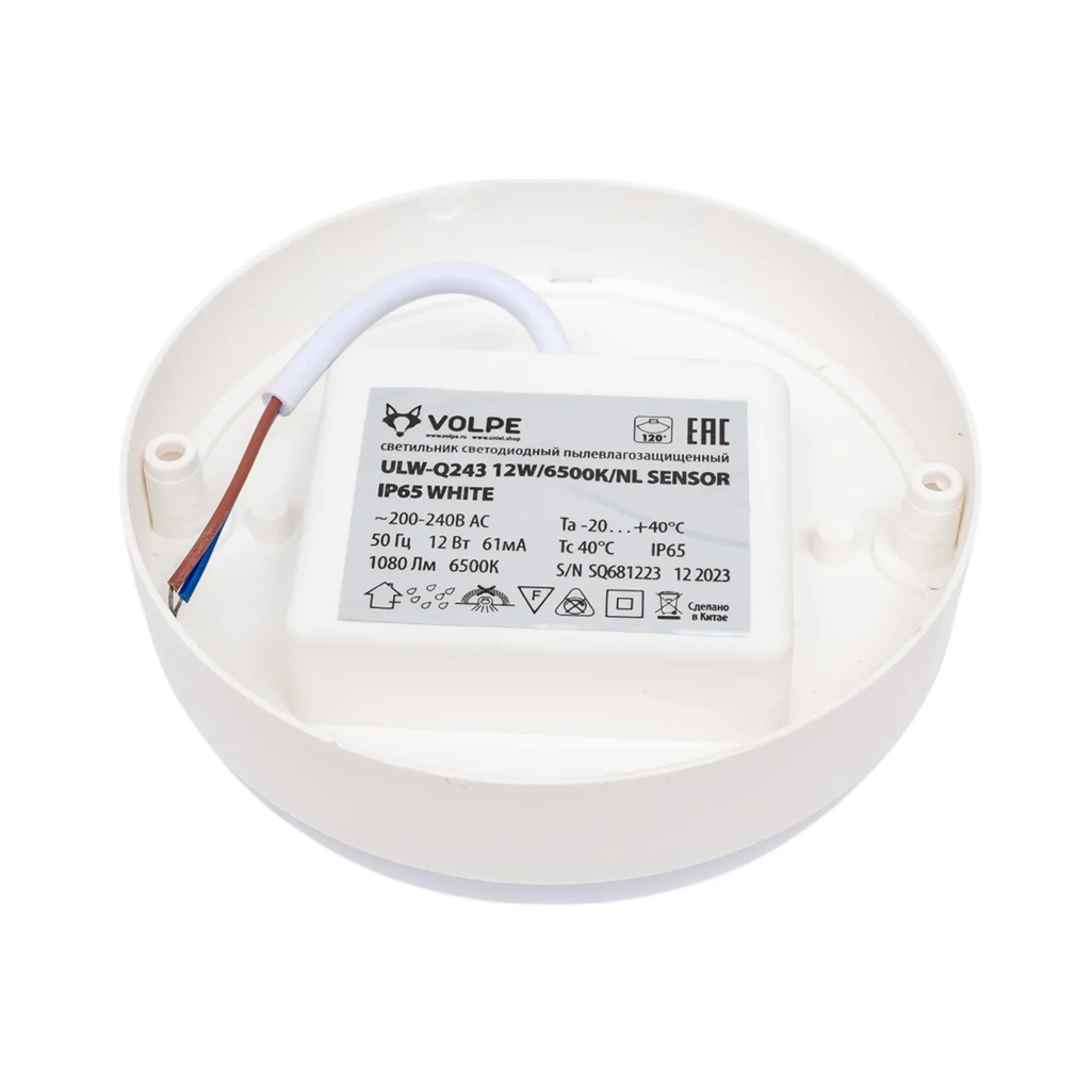 Светильник светодиодный Volpe ULW-Q243 с датчиком движения, накладной, 12 Вт, 6500К, IP65, белый