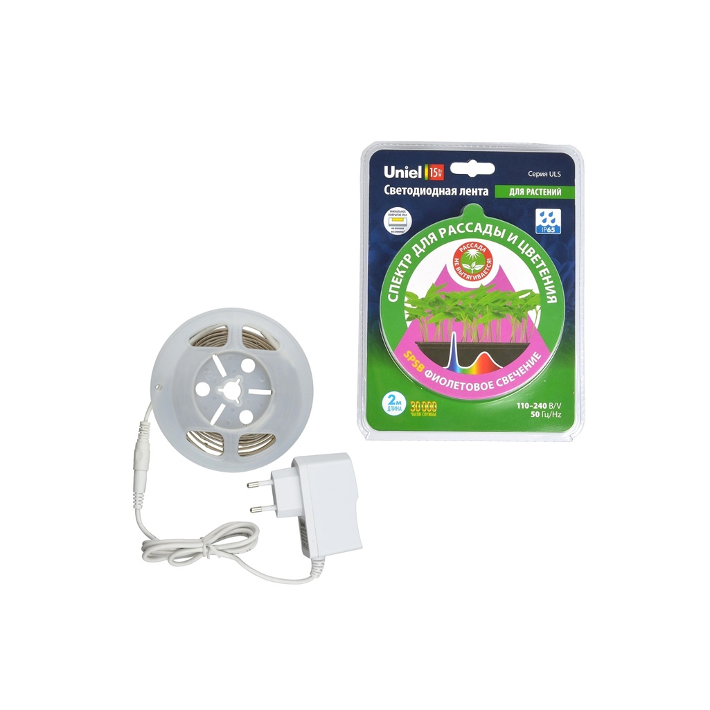 Комплект Uniel светодиодной ленты 2м спектр для рассады и цветения адаптер 18Вт ULS-P76-2835-42LED/m-IP65-2M-SPSB RRP18C00