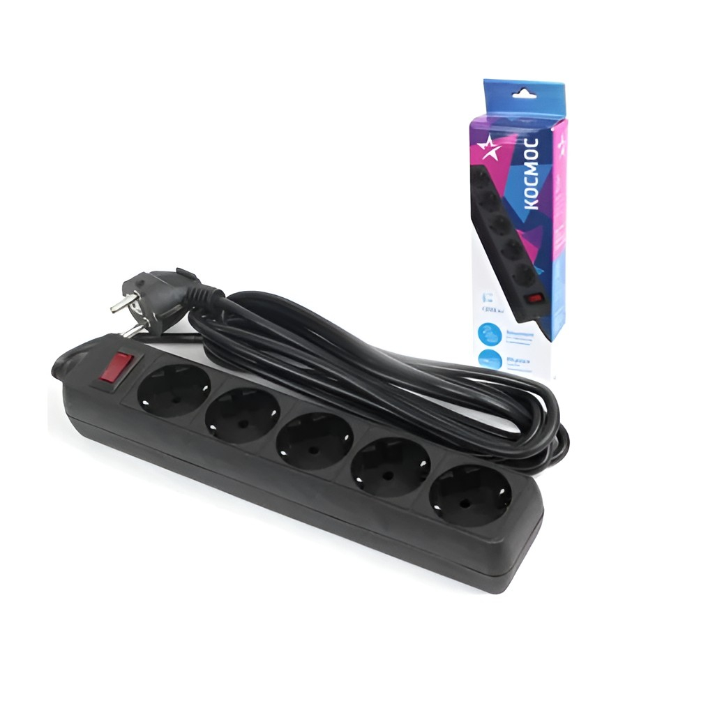 Фильтр сетевой Космос 472211 ПВС, с заземлением, 5 розеток, 5 м, черный,  2.2 кВт