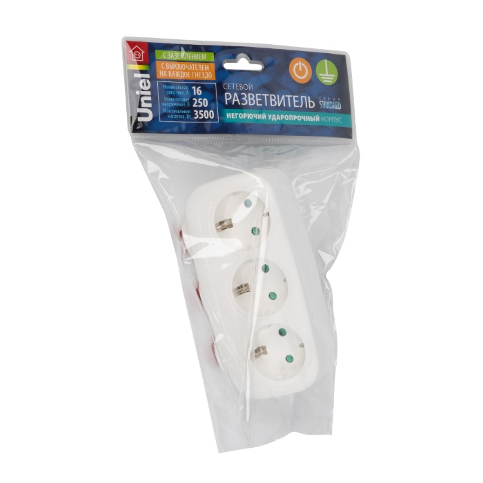 Разветвитель сетевой с выключателем Uniel S-GES3-16OB WHITE Белый