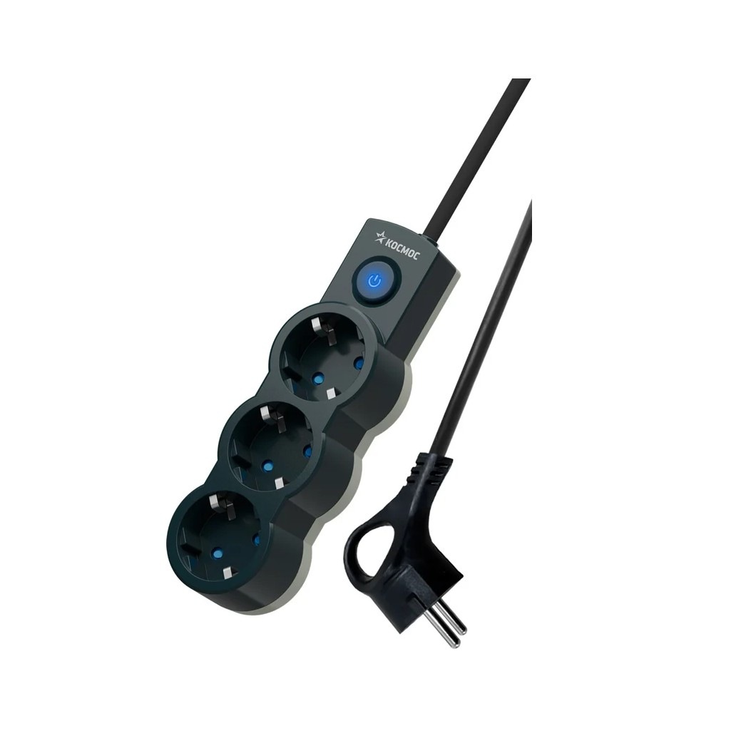 Удлинитель Космос YKsm1.5m-3g-Z-V10A-B 1801993 ПВС, с заземлением, 3 розетки, 1.5 м, 2.2 кВт