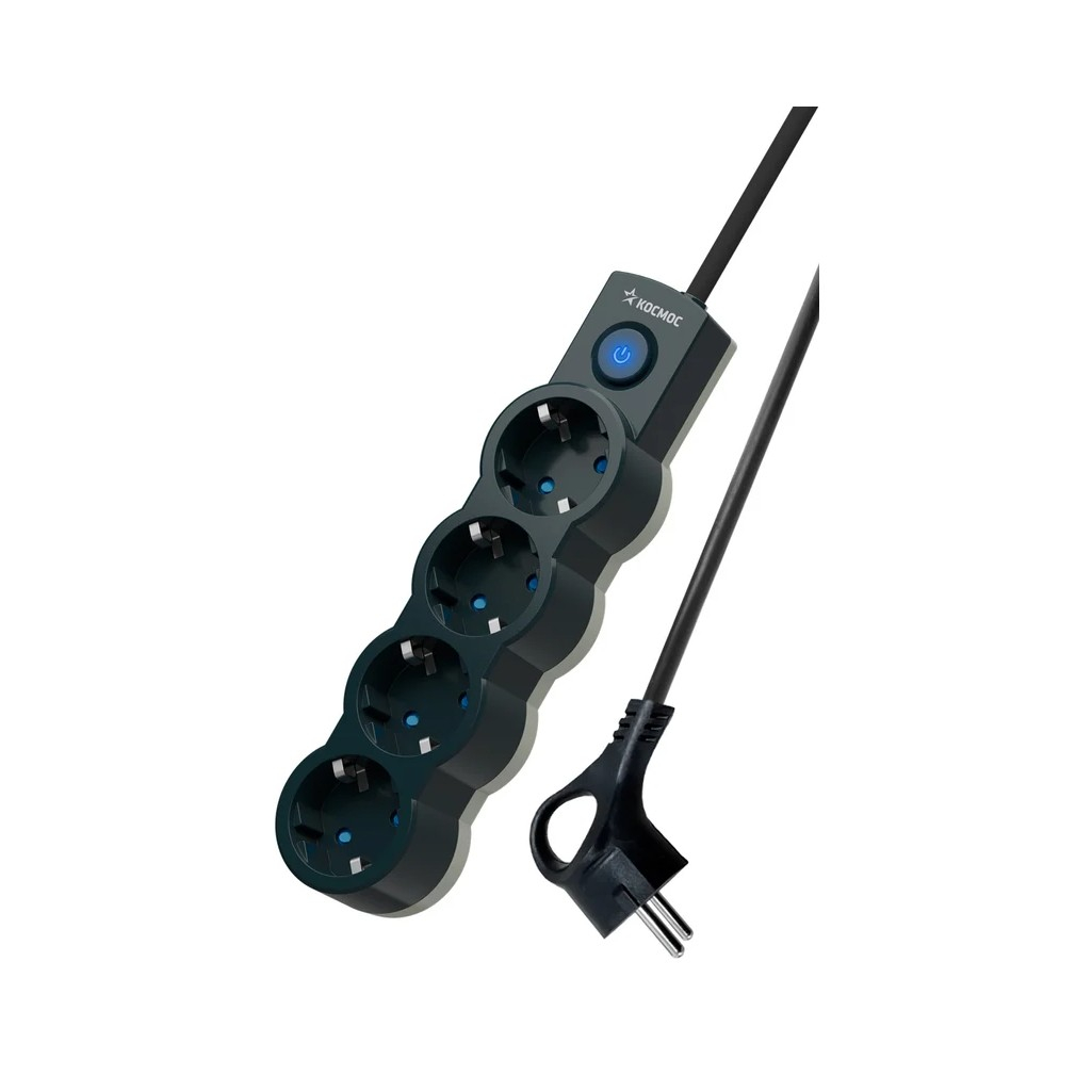 Удлинитель Космос YKsm1.5m-4g-Z-V10A-B 1801990 ПВС, с заземлением, 4 розетки, 1.5 м, 2.2 кВт