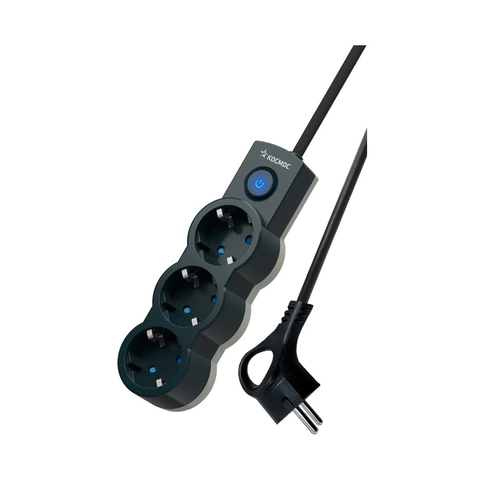 Удлинитель Космос YKsm3m-3g-Z-V10A-B 1801992 ПВС, с заземлением, 3 розетки, 3 м, 2.2 кВт