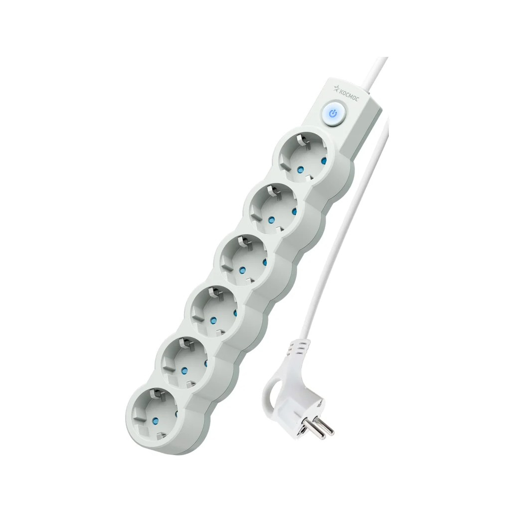 Удлинитель Космос YKsm3m-6g-Z-V10A-W 1801995 ПВС, с заземлением, 6 розеток, 3 м, 2.2 кВт