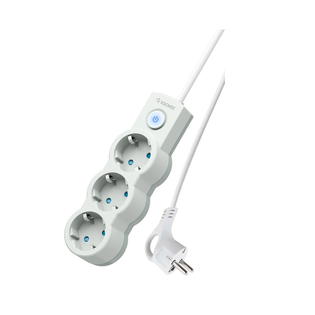 Удлинитель Космос YKsm1.5m-3g-Z-V10A-W с заземлением, 3 розетки, 1.5 м, 2.2 кВт