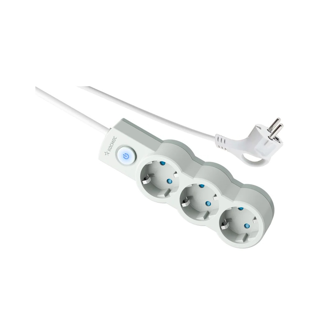 Удлинитель Космос YKsm1.5m-3g-Z-V10A-W с заземлением, 3 розетки, 1.5 м, 2.2 кВт