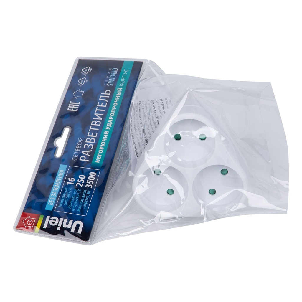 Разветвитель сетевой Uniel S-ES3-16F White без заземления, 3 розетки, 3.5 кВт