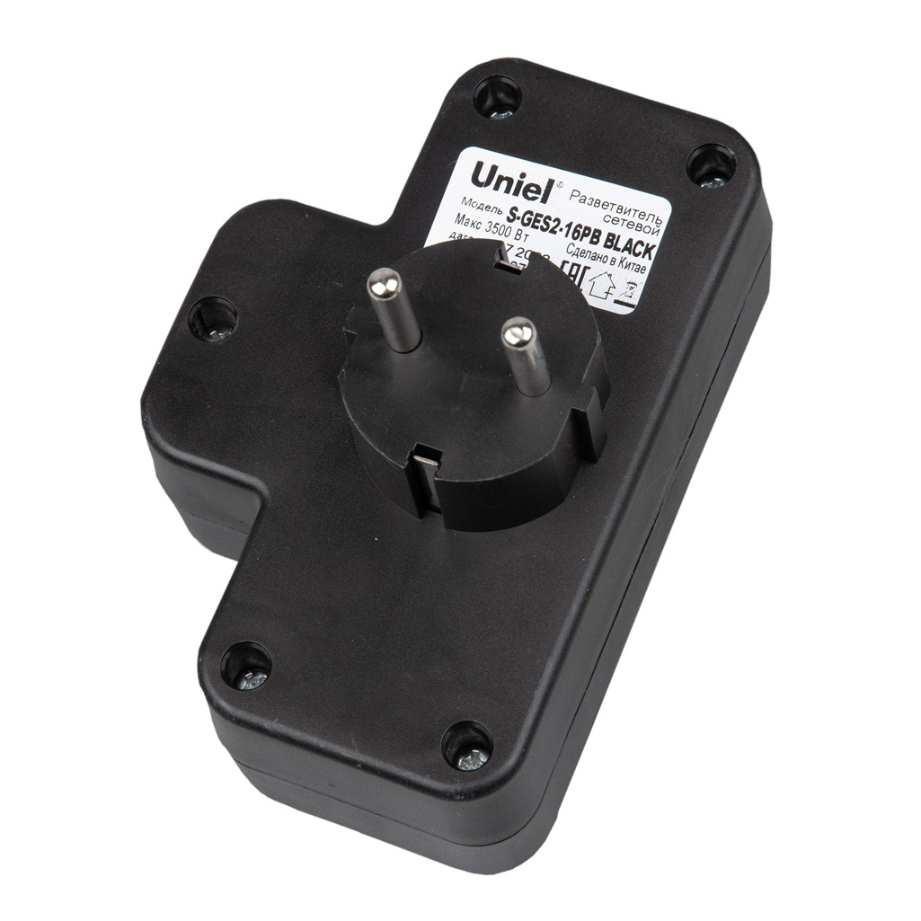 Разветвитель сетевой Uniel S-GES2-16PB Black с выключателем, с заземлением, 2 розетки, 3.5 кВт