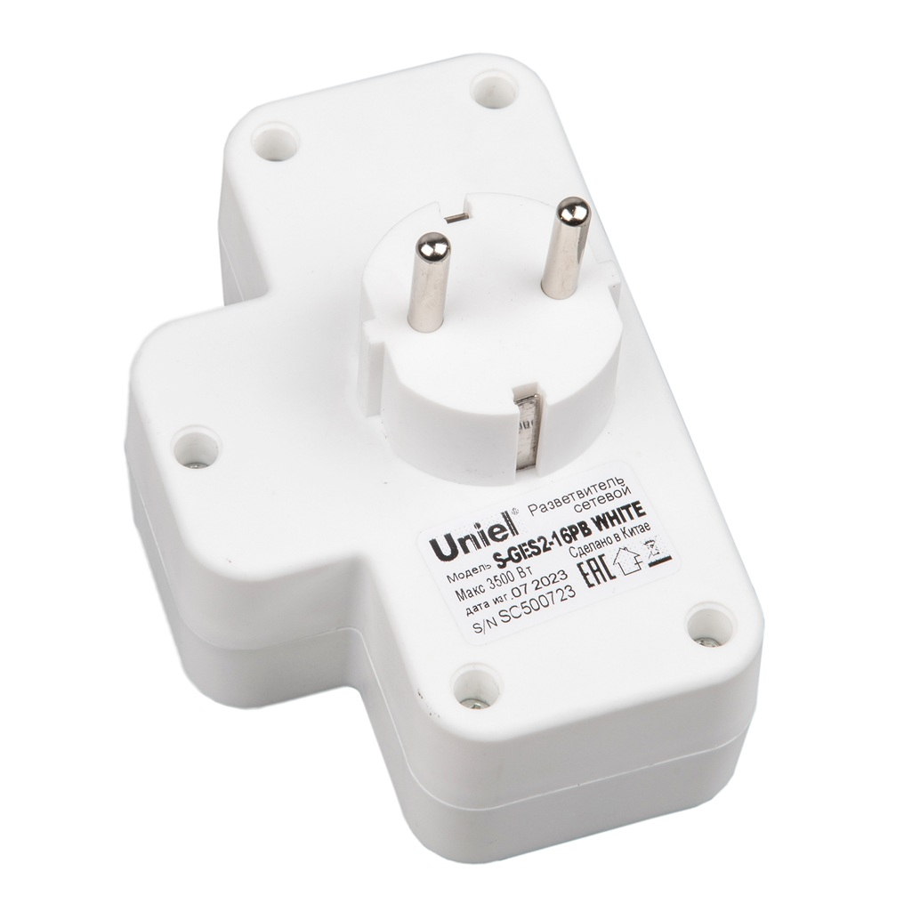Разветвитель сетевой Uniel S-GES2-16PB WHITE с выключателем, с заземлением, 2 розетки, 3.5 кВт