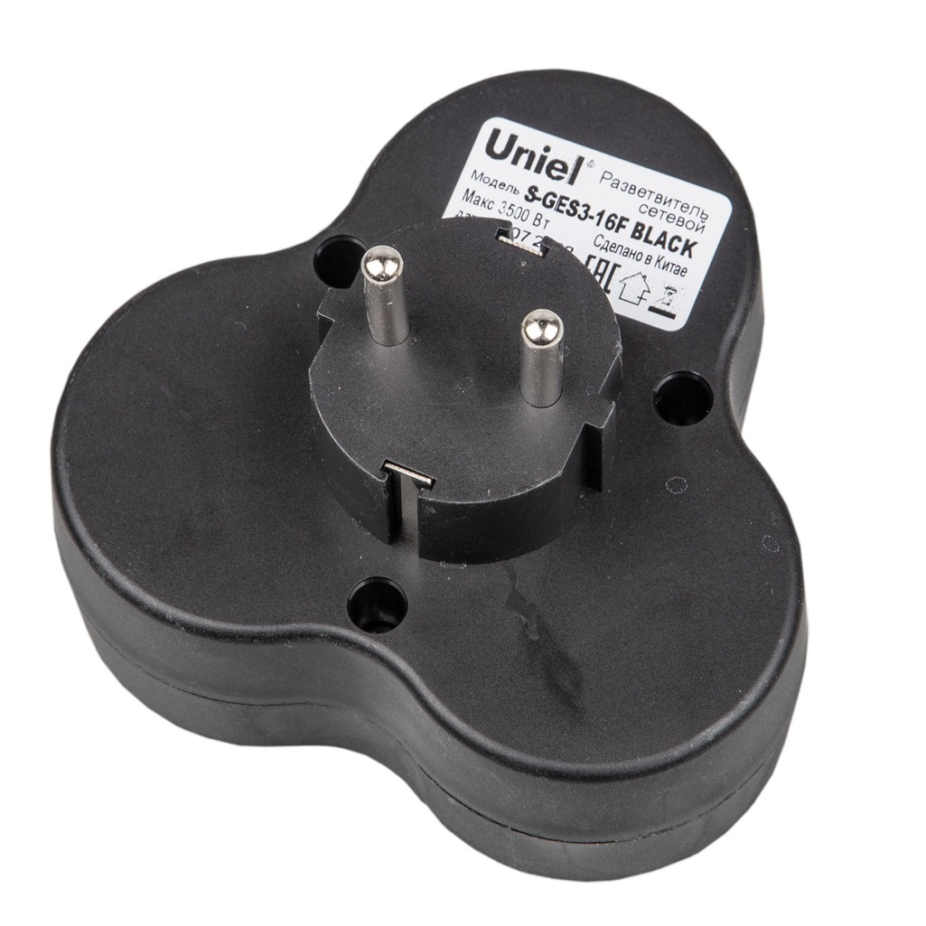 Разветвитель сетевой Uniel S-GES3-16F Black с заземлением, 3 розетки, 3.5 кВт