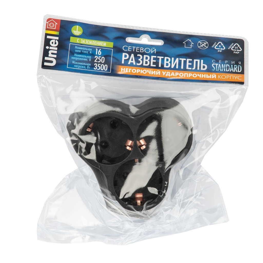 Разветвитель сетевой Uniel S-GES3-16F Black с заземлением, 3 розетки, 3.5 кВт