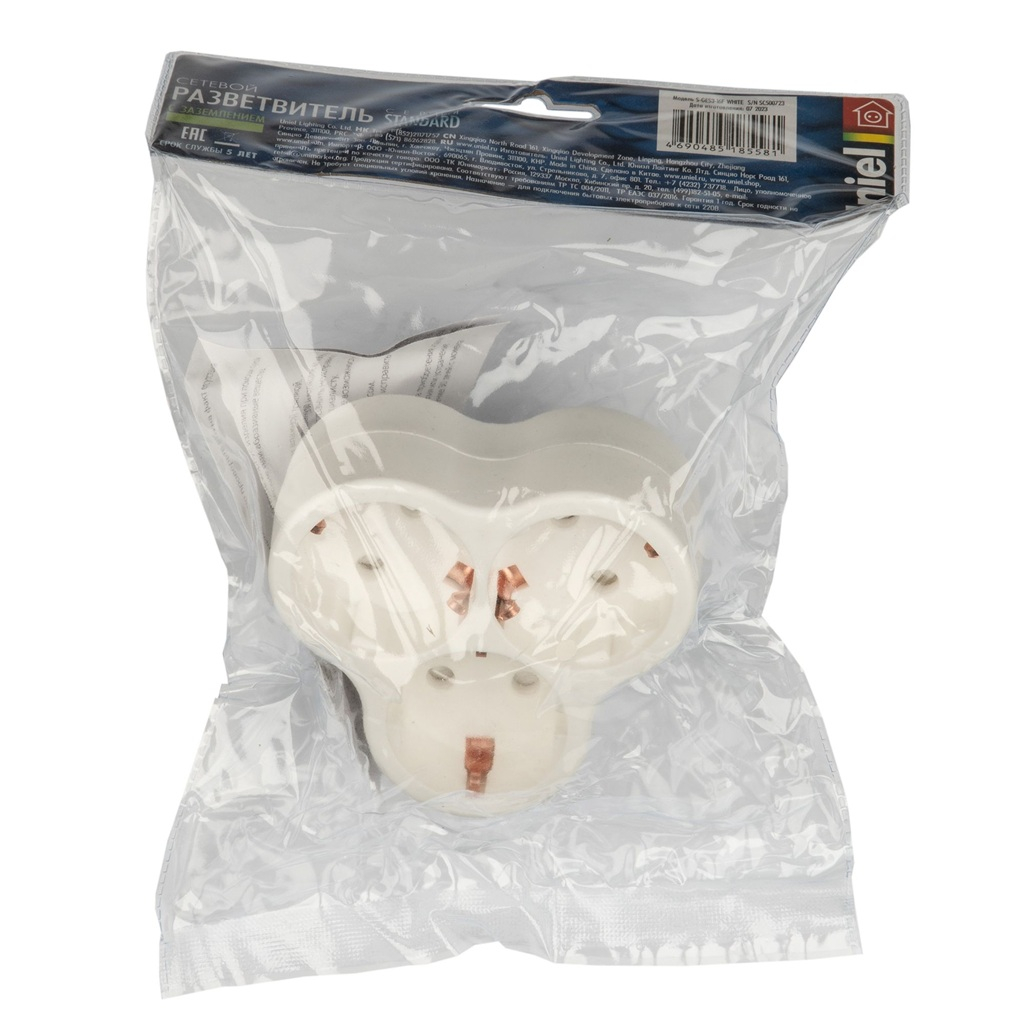 Разветвитель сетевой Uniel S-GES3-16F White с заземлением, 3 розетки, 3.5 кВт