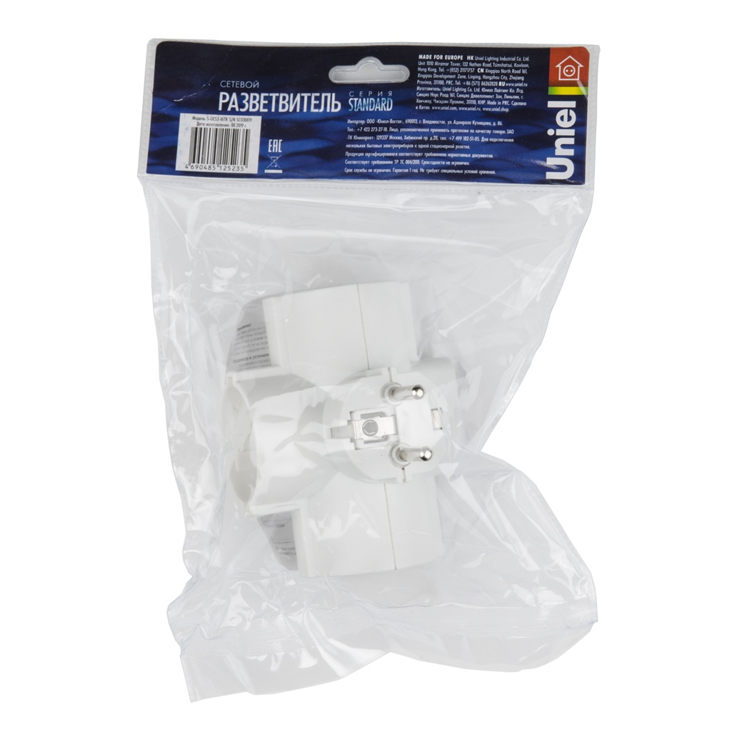 Разветвитель сетевой Uniel S-GES3-16TR с выключателем, с заземлением, 3 розетки, 3.5 кВт