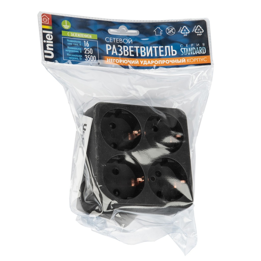 Разветвитель сетевой Uniel S-GES4-16S Black с заземлением, 4 розетки, 3.5 кВт