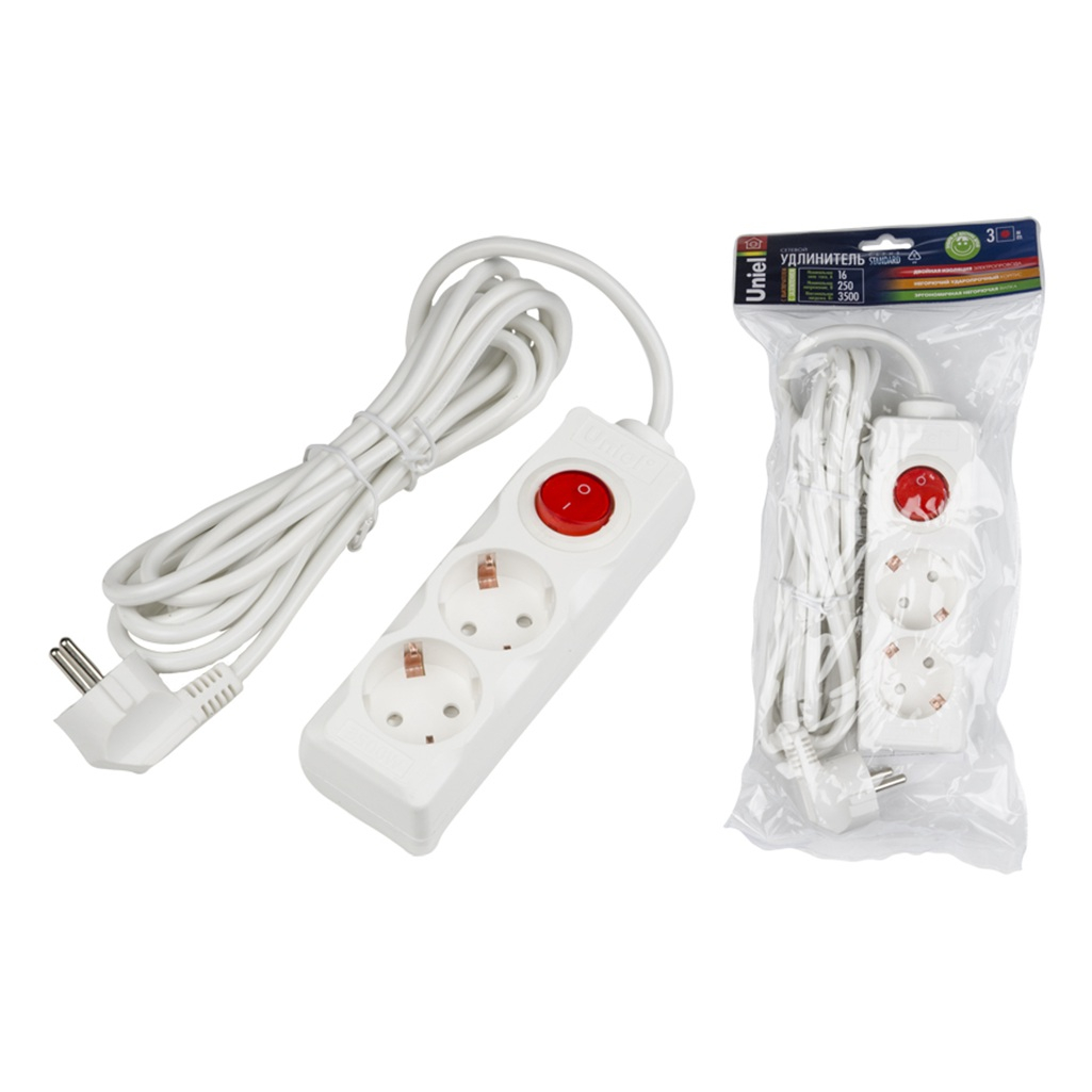 Удлинитель Uniel Standard S-GCD2-3B ПВС, с заземлением, 2 розетки, 3 м, 3.5 кВт