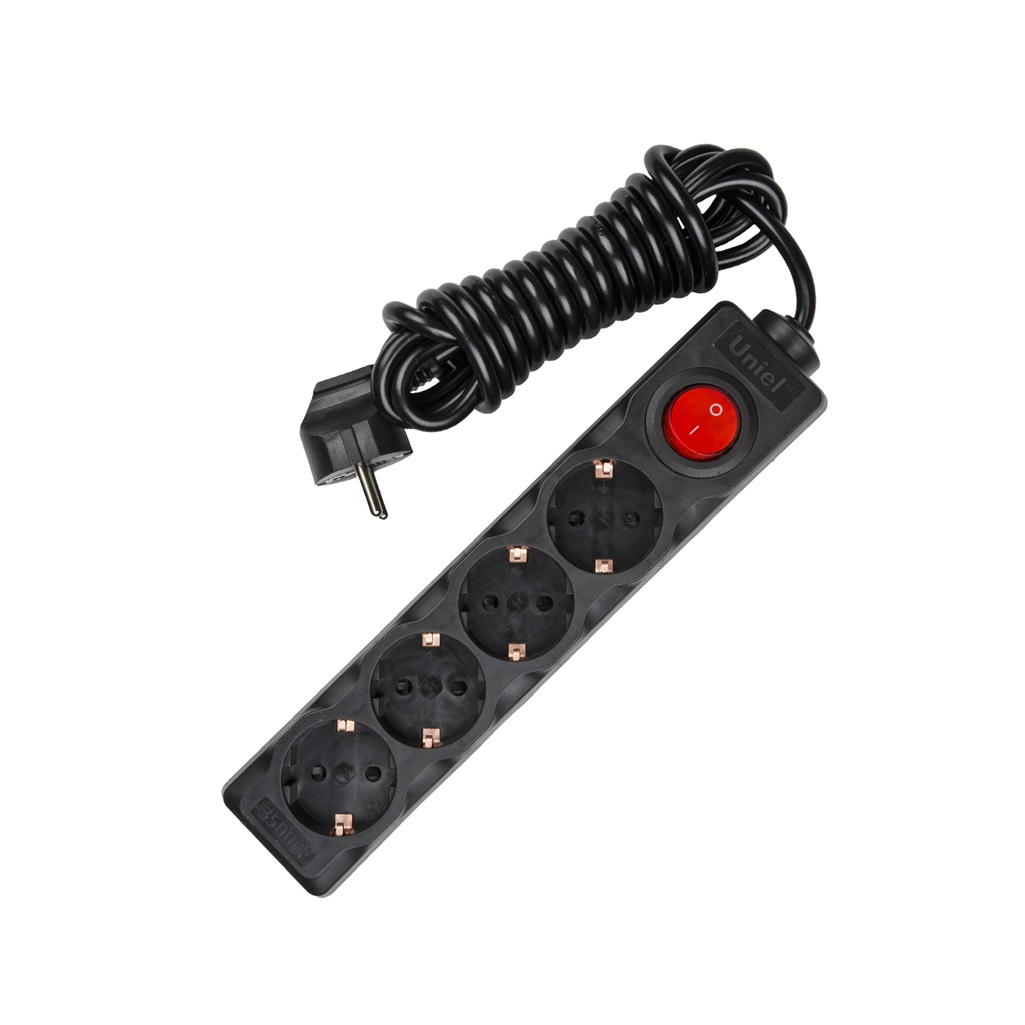 Удлинитель Uniel Standard S-GCD4-3B Black ПВС, с заземлением, 4 розетки, 3 м, 3.5 кВт
