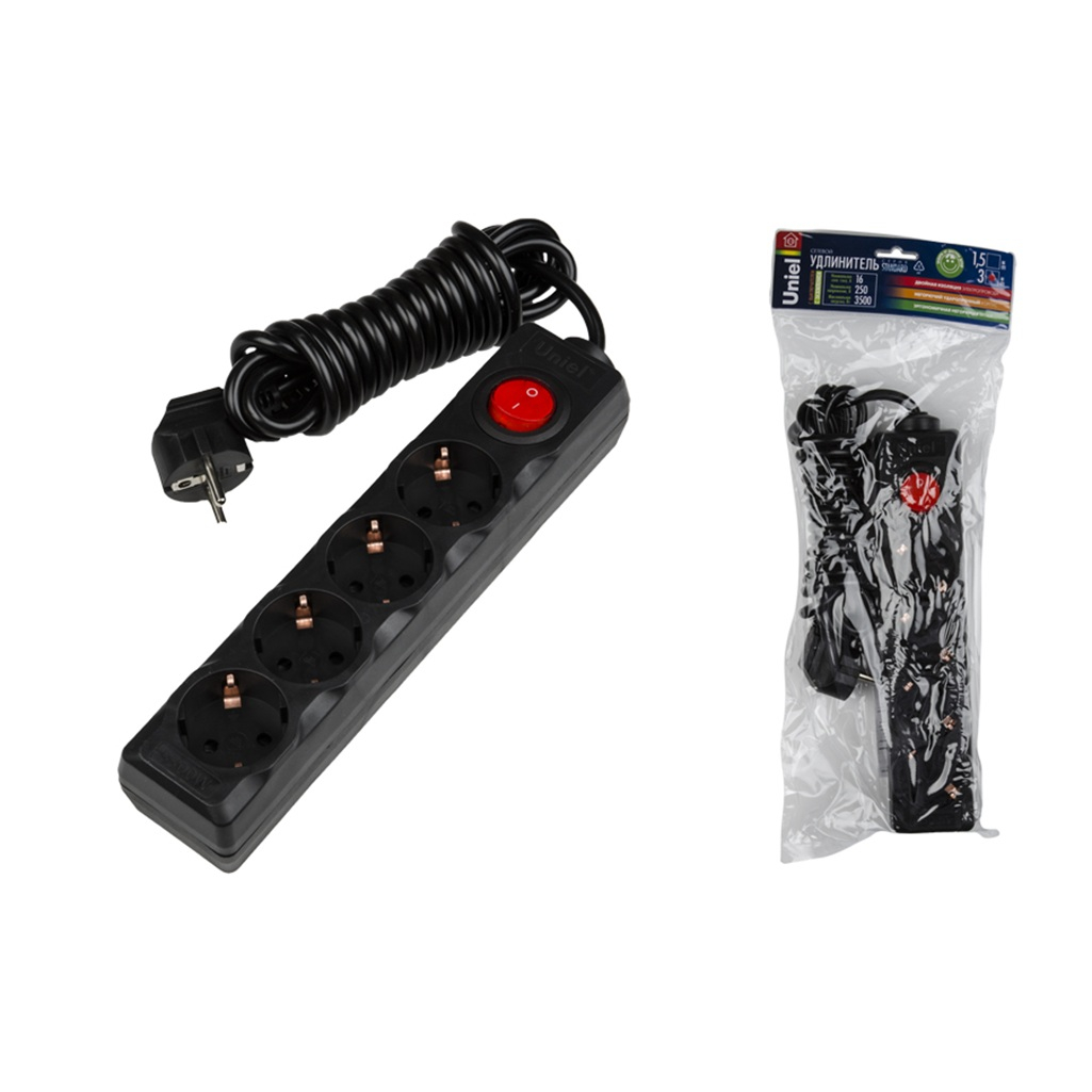 Удлинитель Uniel Standard S-GCD4-3B Black ПВС, с заземлением, 4 розетки, 3 м, 3.5 кВт